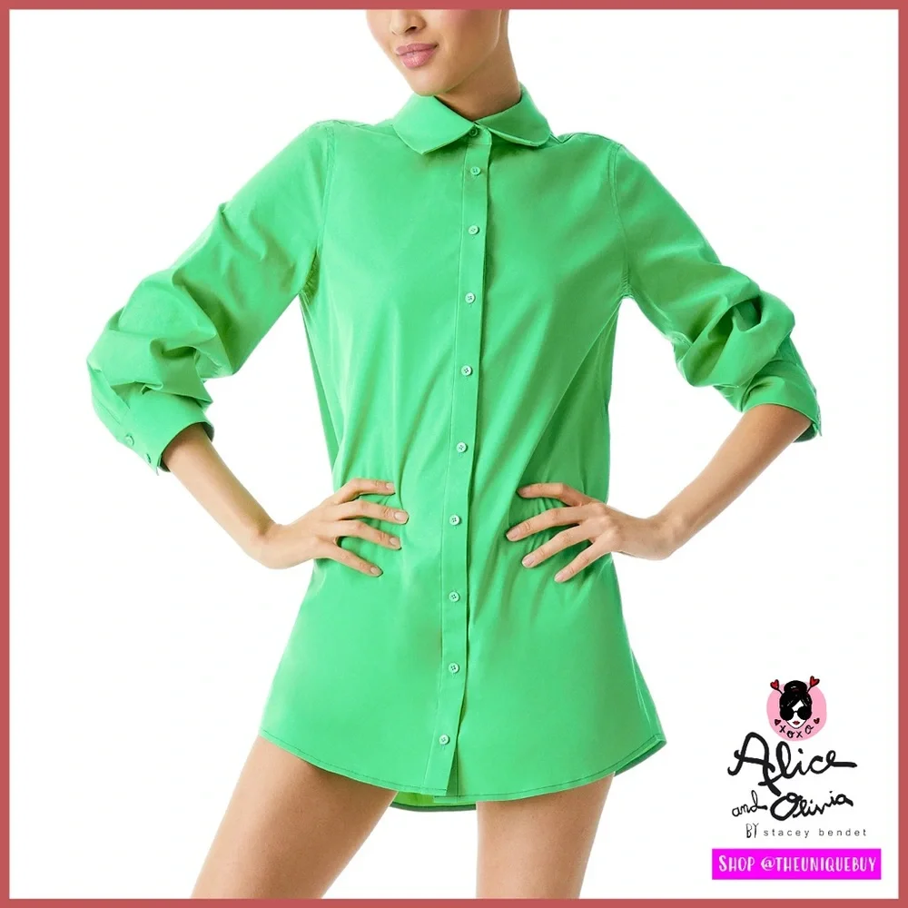 Alice + Olivia Dimitra Button Down Rolled Sleeve Green Mini Dress
